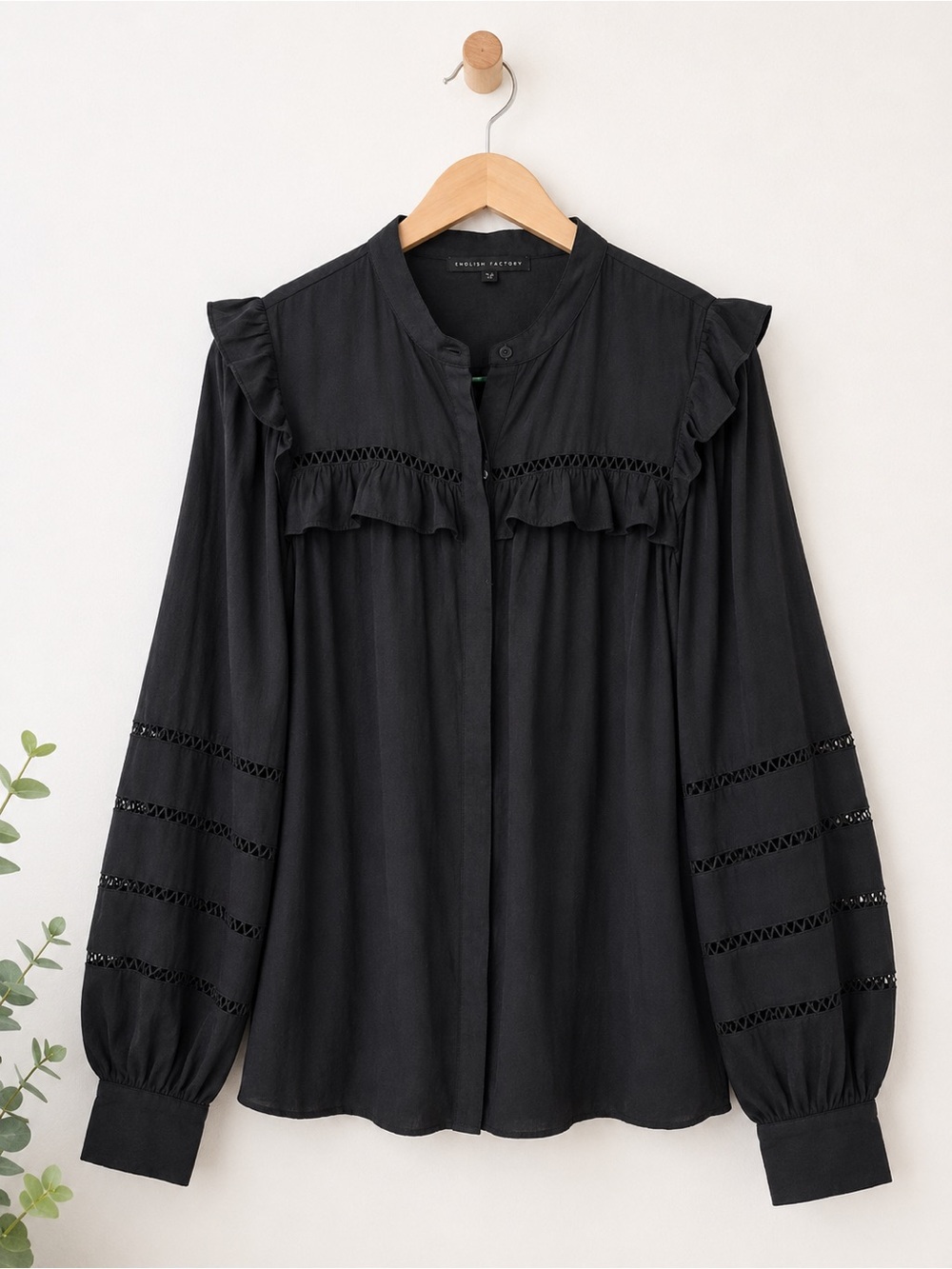 English Factory Black Ruffle-Yoke Long Sleeve Blouse